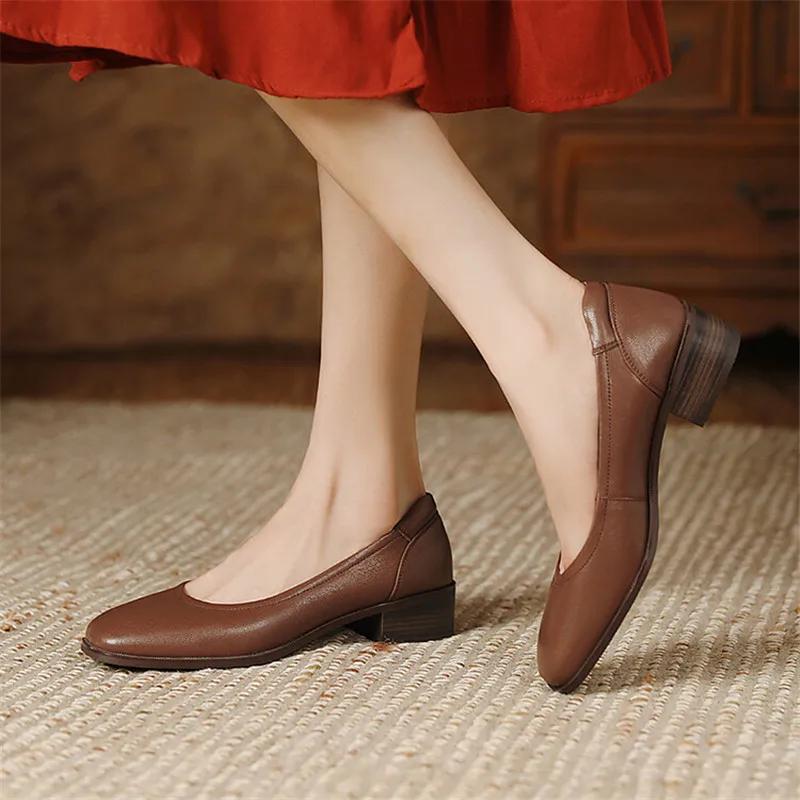 Fashion New Spring/Autumn Square Toe Women Pumps Chunky Heels Genuine Leather Loafers Shoes for Women Ladies Shoes Zapatos De Mujer
