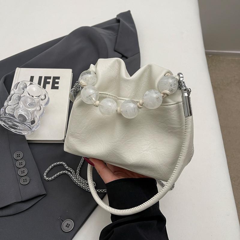 2024 New Contrast Color Chic Ruched Handbag Beaded Chain Bag Street Style Trendy Bucket Bag