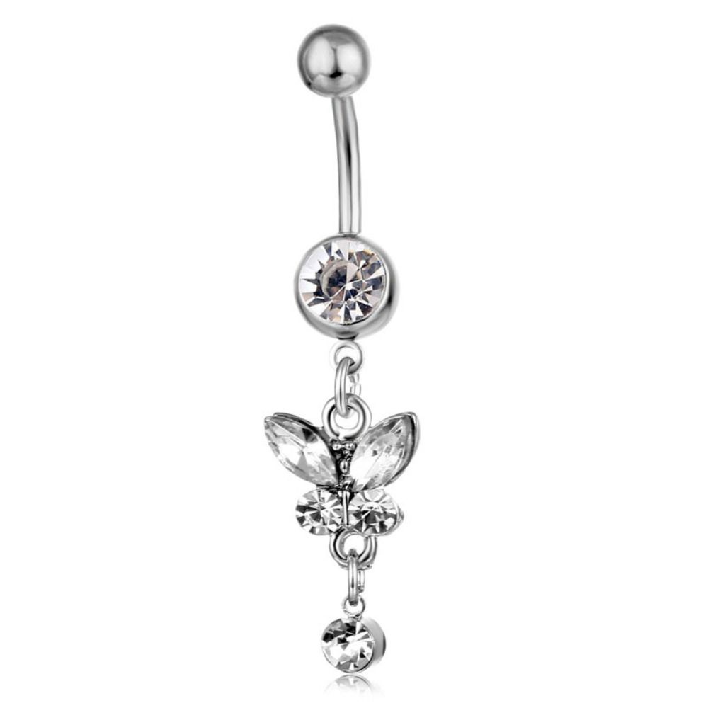 Stainless Steel Zircon Navel Ring Rhinestone Piercing Butterfly Pendants Belly Button Ring Punk Hip Hop Body Piercing Jewelry