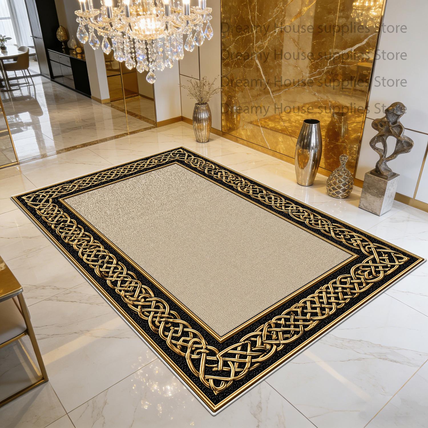 Luxe Gouden Tapijt Retro Frame Design Woonkamer Antislip Vloerkleed 200x300 Opvouwbaar Slaapkamer Garderobe Decoratie Vloermat 1.9x2.9ft(60x90cm)