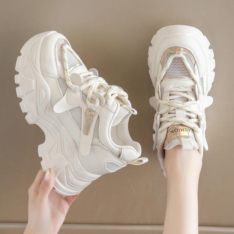 Fashion Breathable Mesh Chunky Sneakers for Women 2025 Spring Fashion White Platform Sports Shoes Woman Comfort Thick Sole Walking Shoes