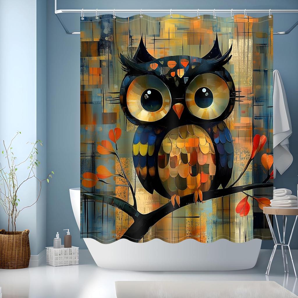Owl Pattern Waterproof Washable Polyester Shower Curtain With 12 Hooks Modern Bathroom Decorative Shower Curtain