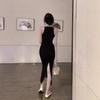French Retro Temperament Socialite Dress Female Sexy Black Waist Slim and Thin Neck Split Hip Skirt