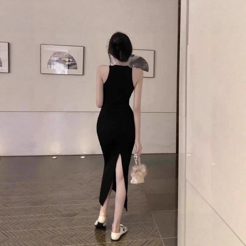 French Retro Temperament Socialite Dress Female Sexy Black Waist Slim and Thin Neck Split Hip Skirt