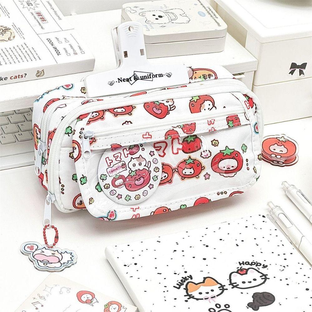 Flip Design Pen Bag Multilayer Large Capacity Stationery Bag Multifunctional Tomato Kitten Pattern Stationery Storing Bag