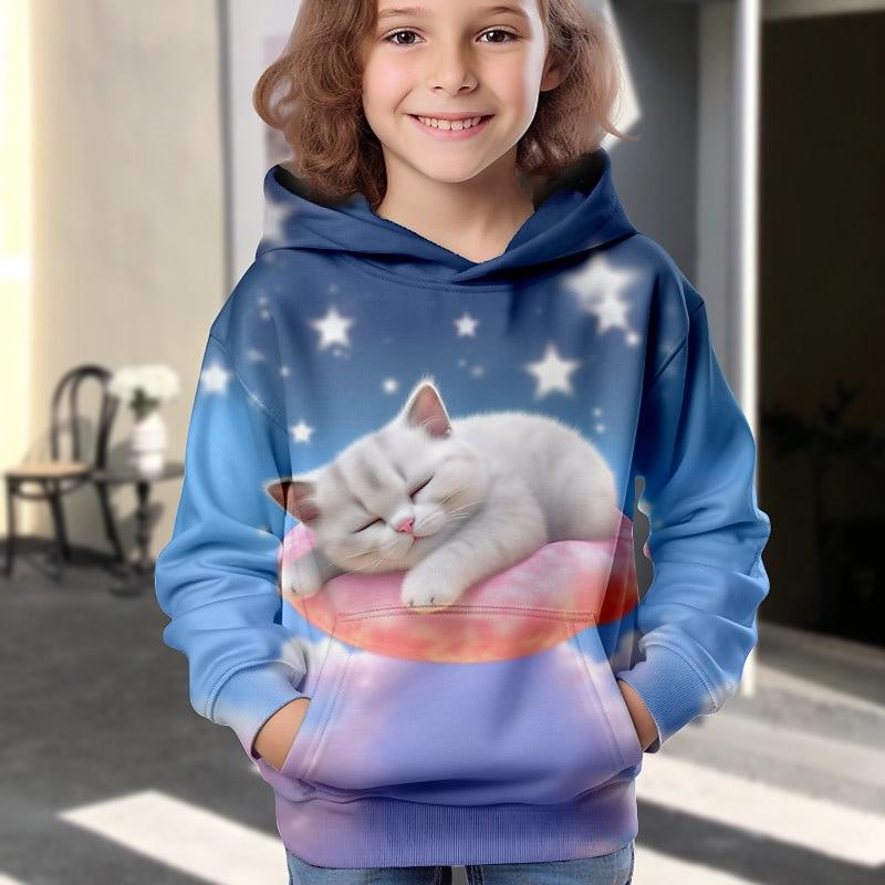 Girls' 3D Cartoon Cat Hoodie Pullover Long Sleeve 3D Print Fall Winter Active Fashion Cute Kids 3-12 Years Outdoor Casual Daily Regular Fit