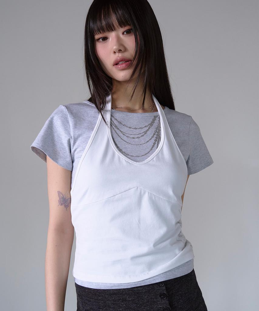 PRENDA Curved Layered Graphic Top White