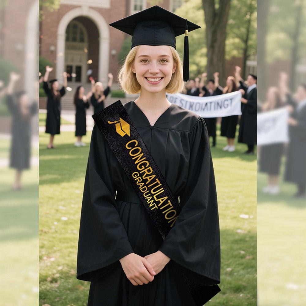 Graduation Outfit Polyester Graduation Cap Matte Finish Elastic Strap Bachelor Cap Black Graduation Sash Graduation Party