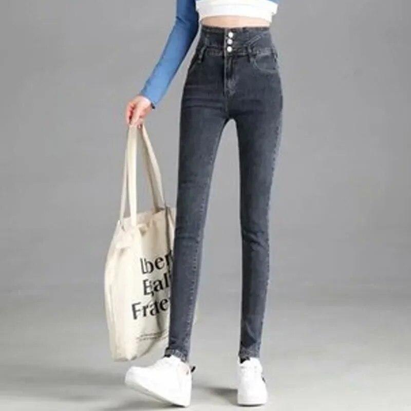Winter Slim Fit High Waist Denim Jeans Women Solid Warm Velvet Denim Pencil Pants Casual Straight Solid Vintage Office-lady Jeans Trousers 30108