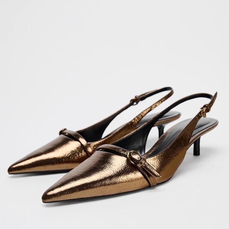 Fashion 2025 Elegant Gold Office Lady Sandals Pointed Toe Luxury Designer Big Size Slingbacks High Heels Party Dress Shoes for Women