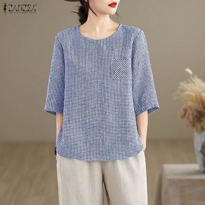 Women Casual Round Neck 3/4 Sleeve Loose Plaid Print Blouse