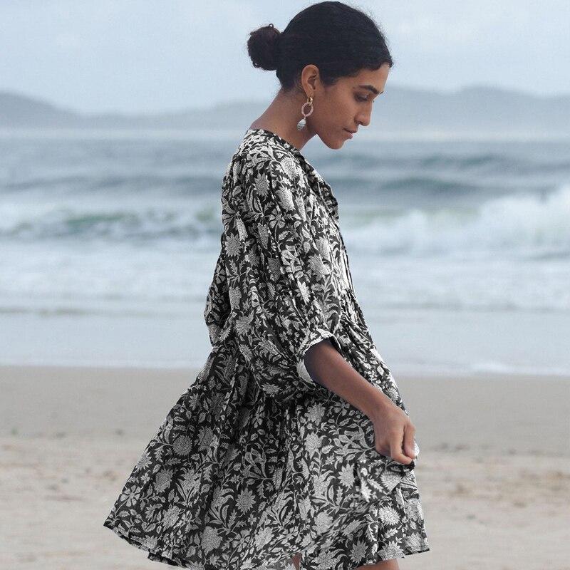 

Летнее свободное короткое платье с цветочным принтом для отдыха, повседневное платье с полуоткрытым воротником и шнуровкой, мини-платье с рукавами-фонариками для женщин 25942 XL тигровый