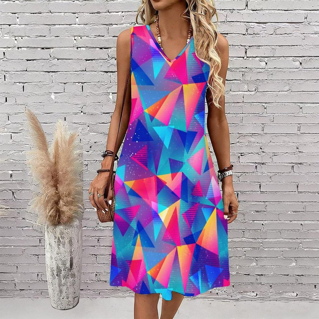 Plus Size V Neck Sleeveless Verdant Mountain Waterfall Scenery Print For Summer Vacation Dress