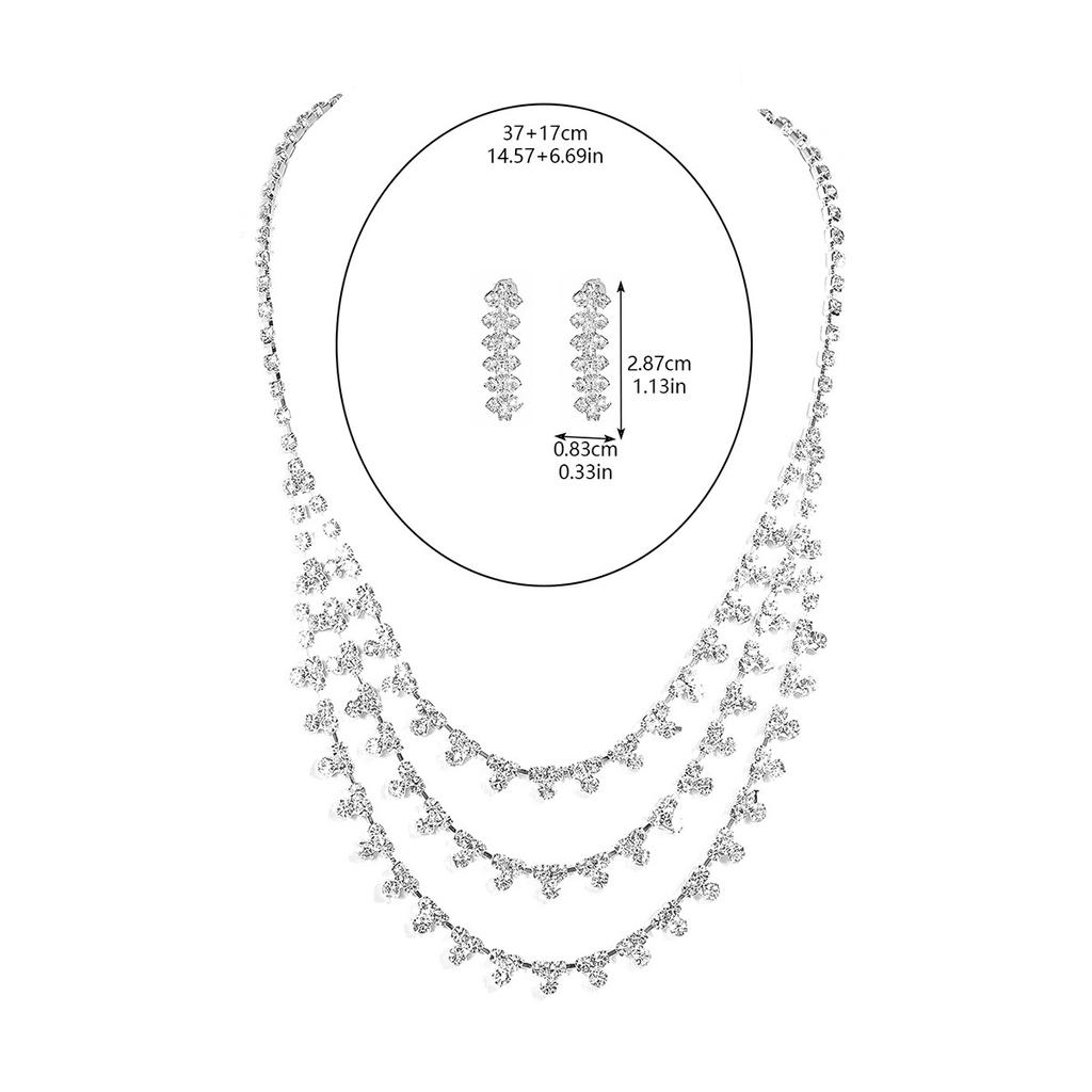 Dinner Luxury Shiny Diamond Necklace Earrings Two-piece Set, High-end Three-layer Necklace Earrings Set