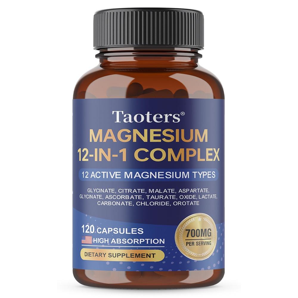 Capsule Complesse di Magnesio 12-in-1 Taoters, 12 Tipi Attivi di Magnesio, Glicinato Citrato Malato, Alto Assorbimento, 700mg, 120 Capsule