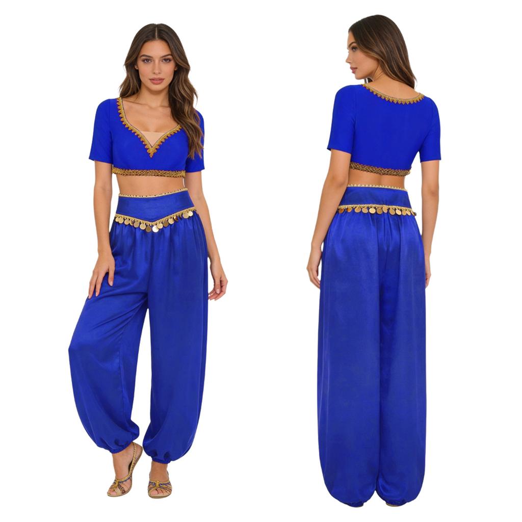 S-XXL Womens Belly Dance Outfit V Neck Short Sleeve Gold Trim Crop Top and Sequin Tassel Long Pants 2-piece Set for India Dance Folk Dance