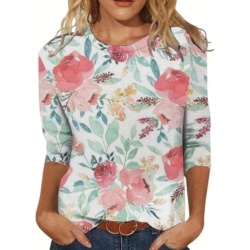 Spring and Autumn Round Neck 3D Flower Pattern Printed Top Fashionable Casual Elegant Long Sleeved Women's T-shirts