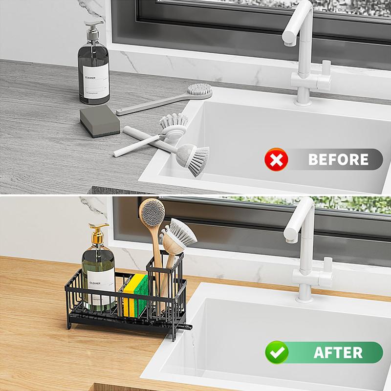 Spülbecken aus Kohlenstoffstahl mit Selbstentwässerungsgestell, Multifunktional, Bohren nicht erforderlich, Arbeitsplatte, Wasserhahn-Spülbecken-Ablage, Aufbewahrungsgestell, Küchenwerkzeuge