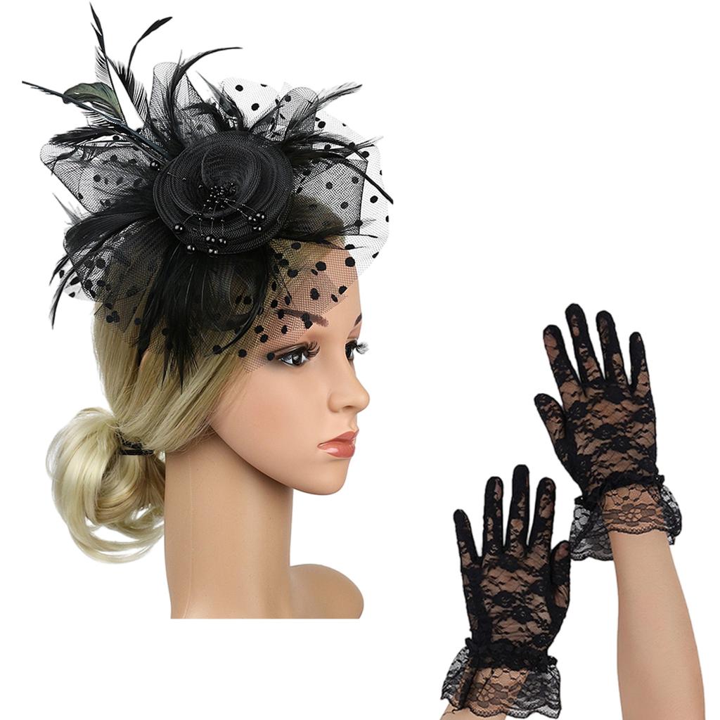 Elegant Lace Veil Fascinator Hat and Wrist Lace Gloves Set Hair Decoration for Bridal Weddings Vintage Tea Party Event