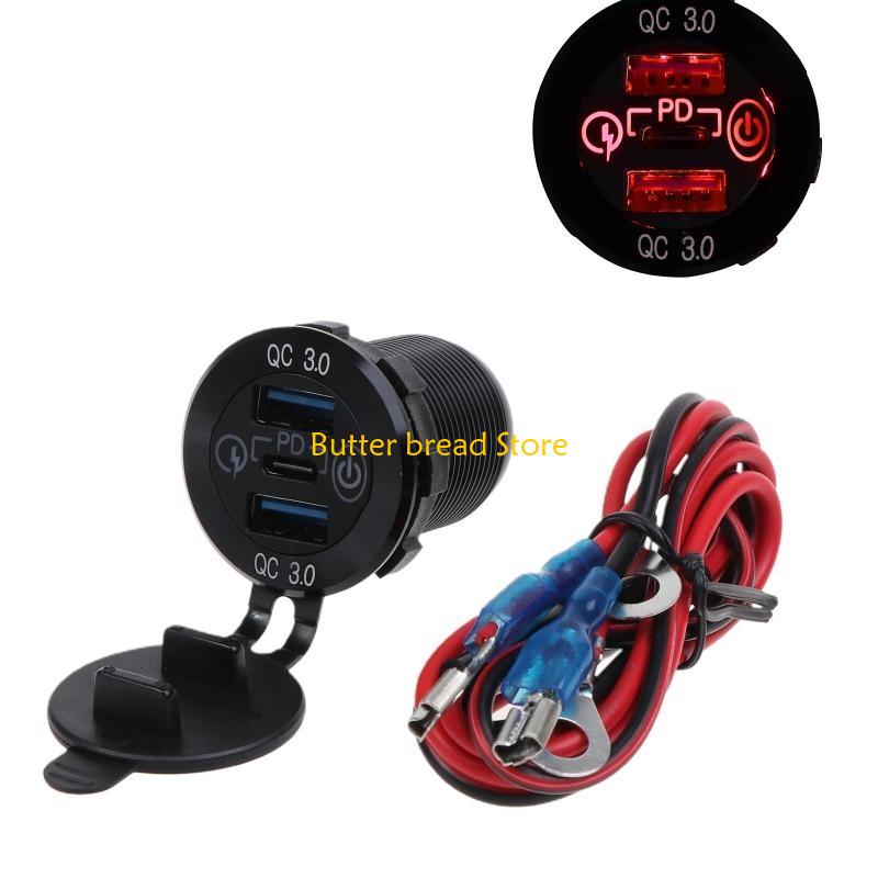 W89C 12V/24V USB Type-C Port 63W PD ,for QC Outlet Car Socket with Sensitive for Touch Switch Power Outlet Socket