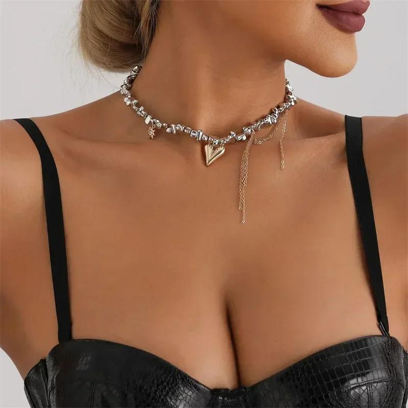 Y2K Heart Beaded Necklace Women Boho Crystal Love Heart Gravel Clavicle Chain Cool Choker Exquisite Fashion Jewelry Gifts