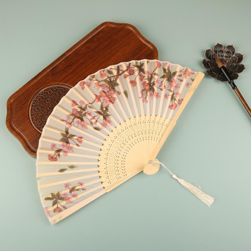Silk Material Vintage Silk Folding Fan Bamboo Frame Dance Fan Elegant Hand Fan Dance Performance
