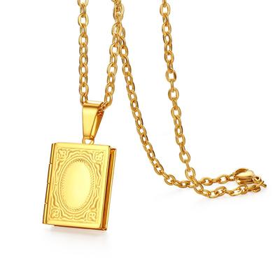 Stainless Steel Rectangular Pattern Photo Frame Box with A Lock for A Commemorative Pendant Necklace and Collar Chain for Women