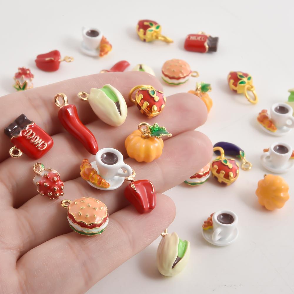 2pcs Colorful Enamel Food Charm Diy Strawberry Chilli Pepper Coffee Metal Pendant Charms For Jewelry Making Necklaces Bracelets