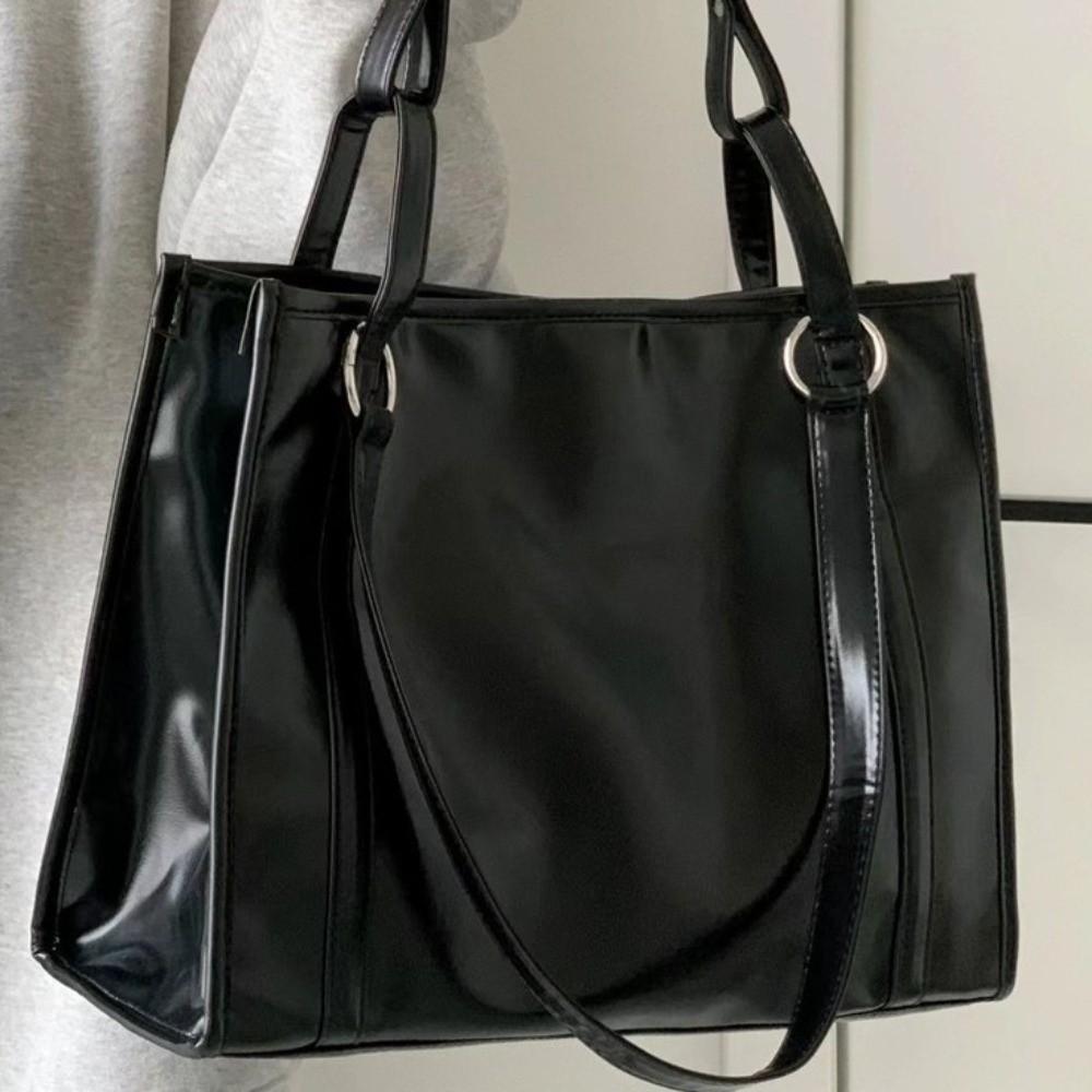 Large Capacity PU Leather Shoulder Bag College Student Large Handbag Black Tote Bag  Girls Gift