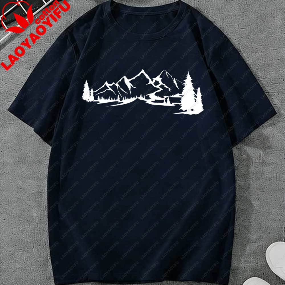 Minimalist Mountain Forest River Landscape TShirt Nature Graphic Tee Oversized Cotton Casual Top Hiking Camping Outdoor Lovers