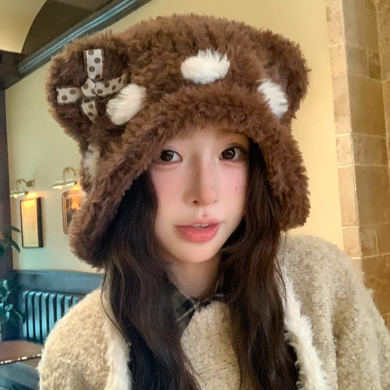 Korean Style Cute Bear Bow Plush Knitted Hat for Women Winter Warm Ear Protection Versatile Small Woolen Hat Showing Face