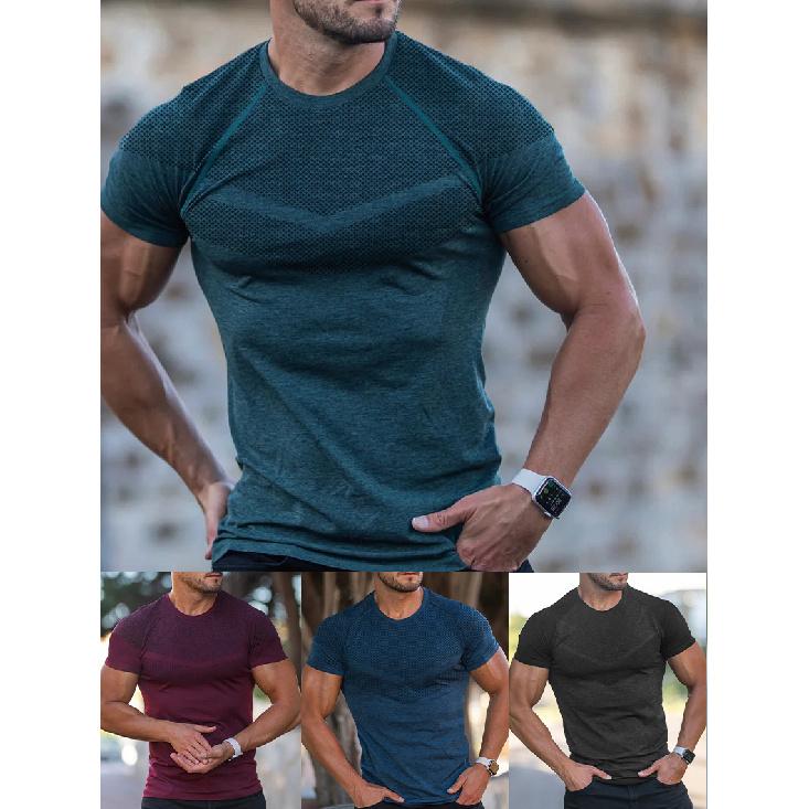 Men'S Fall Sports Fitness Casual Standing Collar Stretch Cationic Round Neck Short Sleeve T-Shirt Man