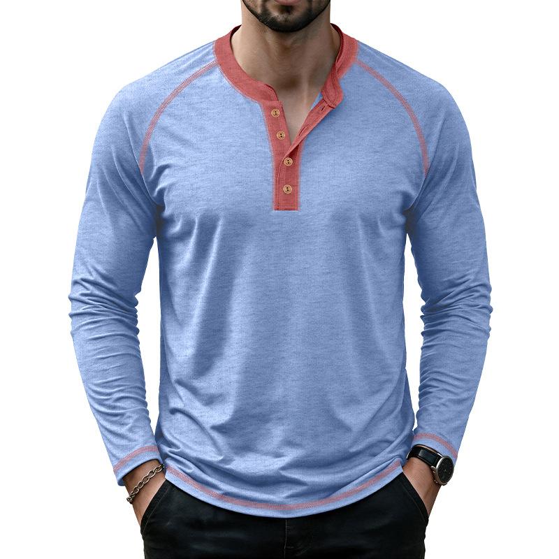Men's Henley Long Sleeve T Shirt Raglan Color Contrast Stitching Button Placket Solid Casual Pullover Tops Spring Autumn Daily Tees