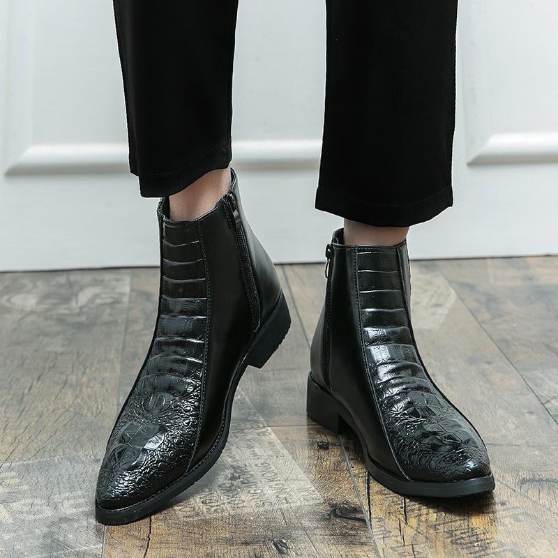 Foreign Trade Special 48 Large Size High Top Leather Shoes Men's Crocodile Pattern Side Zipper Pointed Chelsea Boots British Casual Martin Boots