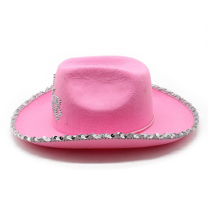Pink Silver Cowboy Hat Women'S Non-Woven Crown Western Cowboy Hat Jazz Roll Top Hat Ins