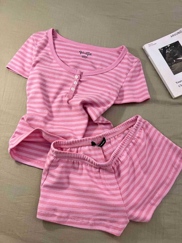 Korean sweet girl simple style pink striped pajamas women's spring summer short-sleeved shorts thin loungewear set