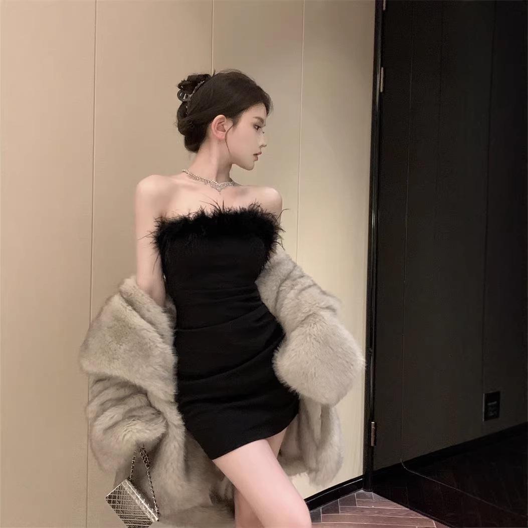 Elegant Fur Bandeau One-Shoulder Bodycon Party Dress - Spring Trend Small