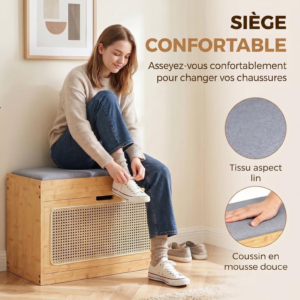 Entry Shoe Bench Bamboo Storage Bench With Cushioned Seat Rattan Door And Adjustable Shelf Natural Wood