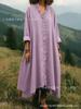 2026 Retro Style Solid Color Cotton Linen Long Sleeve Ruffled Dress