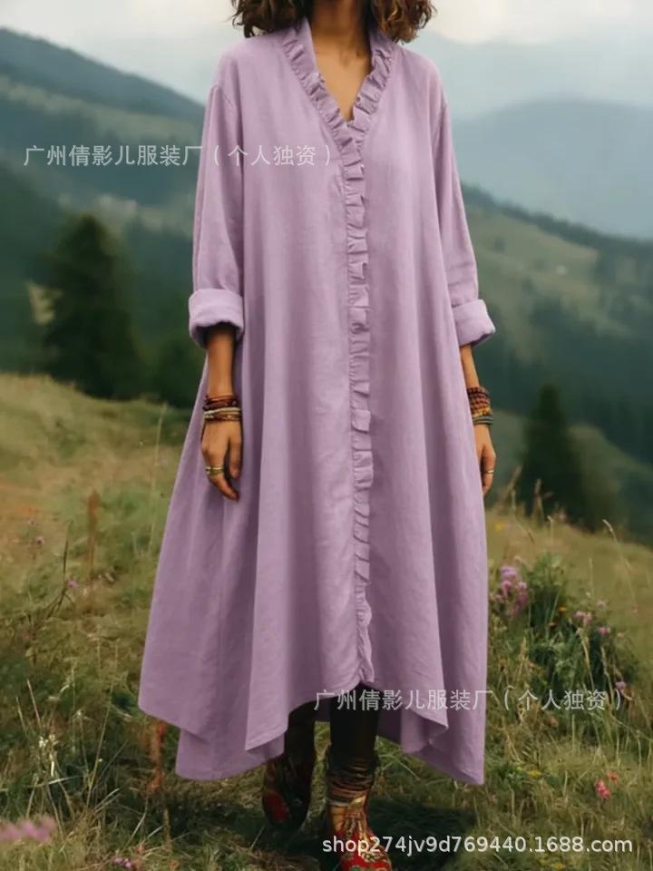 2026 Retro Style Solid Color Cotton Linen Long Sleeve Ruffled Dress