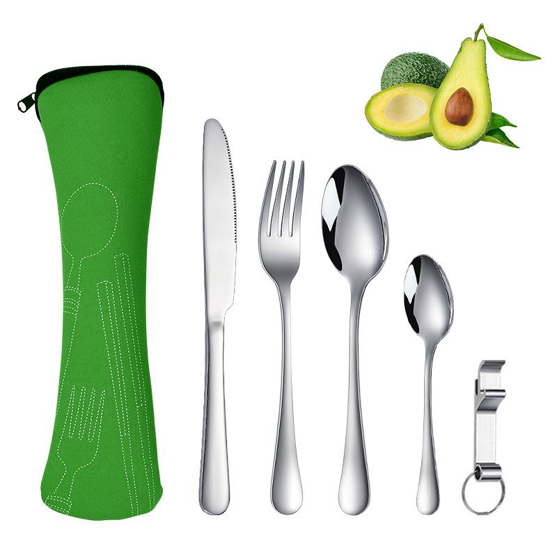 Stainless Steel Travel Cutlery Set: Knife, Fork, Spoon, Bottle Opener with Portable Storage Bag for Outdoor Camping