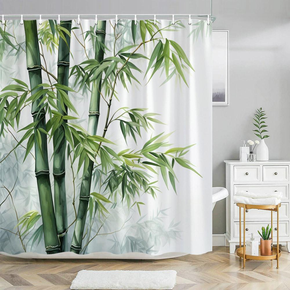 Chinese Landscape Shower Curtain Ink Painting Bamboo Landscape Cherry Blossom Writing Landscape Shower Curtains Bathroom Decor