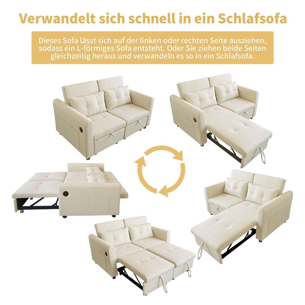 Sofa Bed with Storage Box 2-seater 3-in-1 Sofa Bed Foldable Adjustable Backrest USB Ports Armrest Pockets Beige 142x85x83 Cm