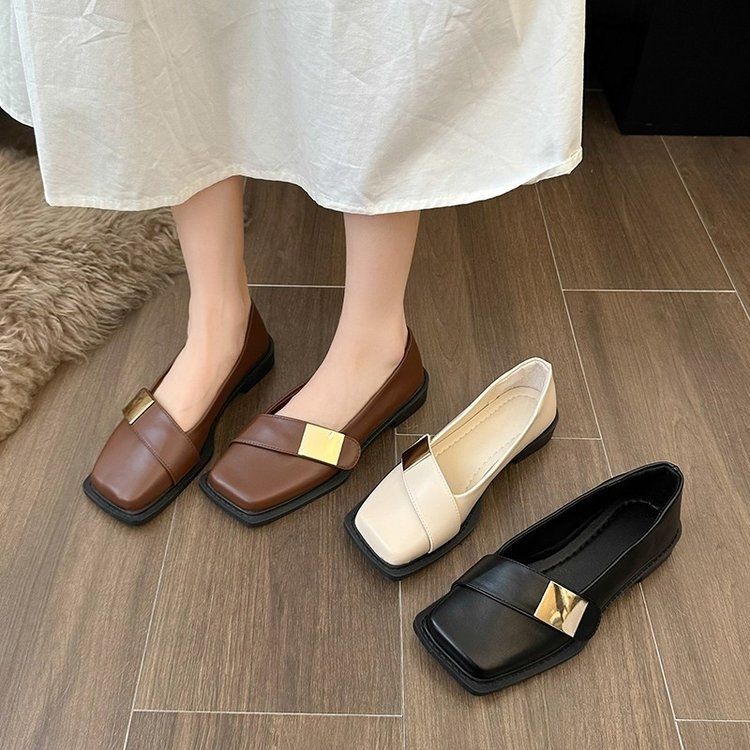 35-43 British style metal buckle single shoes retro square head soft sole loafers women's pedal small leather shoes