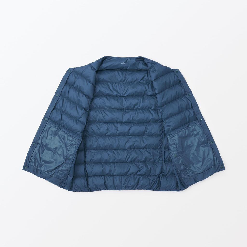 MUJI Lightweight Down Collarless Vest AD0U7A4A Smoky Size L Men's (Anti-Static Lining) Blue,