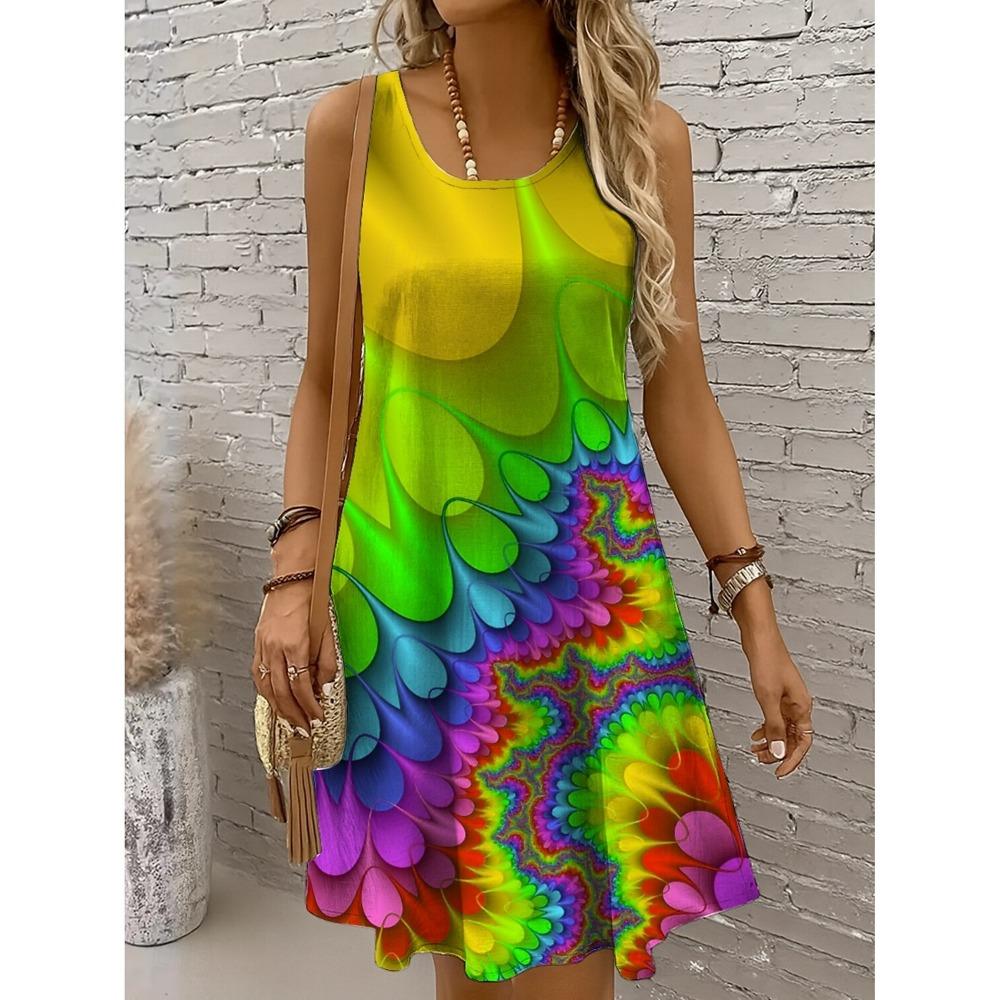 Mini Abito da Donna Scollato a Spalle Scoperte con Stampa Astratta Ombré, Senza Maniche Girocollo Linea ad A Casual per Vacanze Primaverili ed Estive
