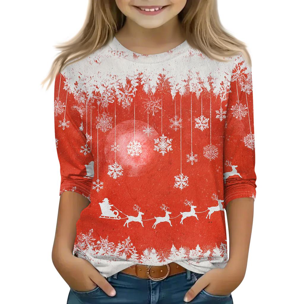 Christmas Day Print Tops For Youth Girls 4-11 Years Round Neck 3/4 Sleeves T-Shirts Trendy Tops Outfit Tees
