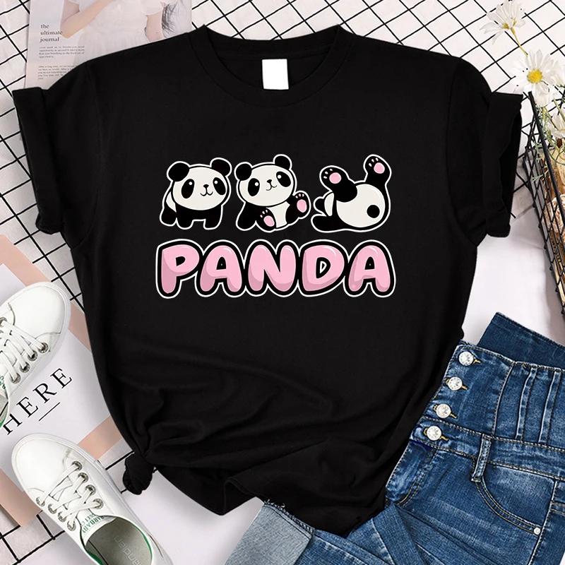 Funny Cute Panda Printed T Shirt for Women Summer Short Sleeve Cartoon Casual Creative T-shirt Vintage Round Neck Clothes