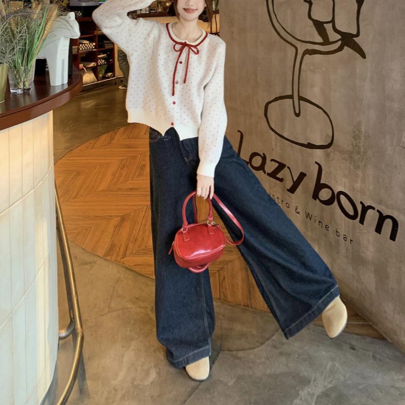 Korean Style Sweet Lace-Up Knitted Sweater Cardigan with Bow, Contrast Colors - Chic Short Top for Women, Autumn and Winter.