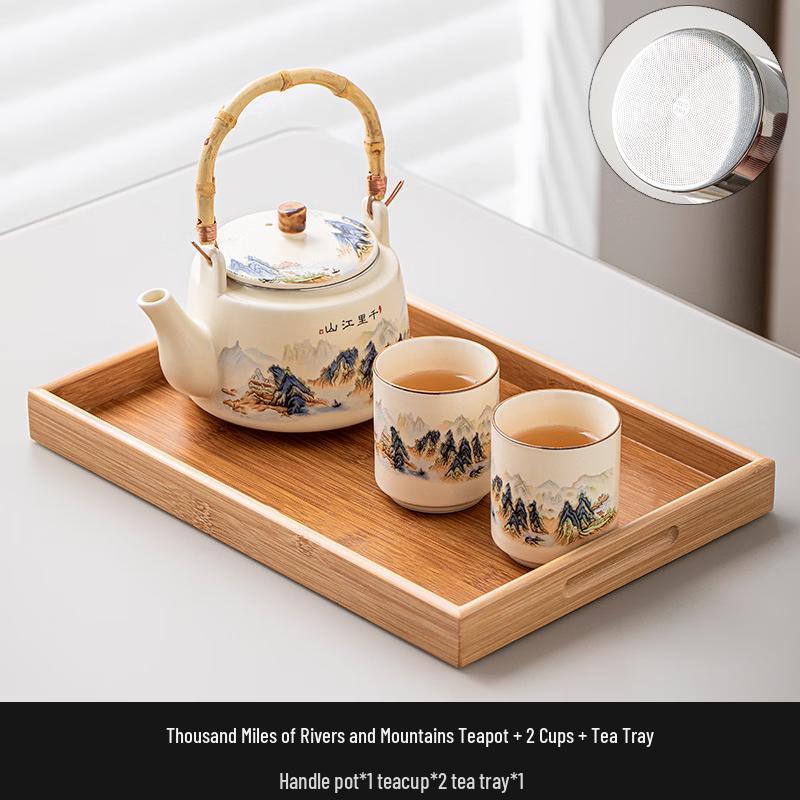 Ru Kiln Kung Fu Tea Set with Scenic Bamboo Handle Teapot 1